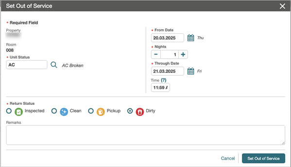 The Set Out of Service page with the (return) Time field. The Set Out of Service page with the (return) Time field.