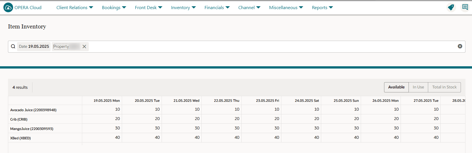 The Item Inventory screen showing example inventory items juice and crib and their inventory numbers per day over 9 days. The Item Inventory screen showing example inventory items juice and crib and their inventory numbers per day over 9 days.