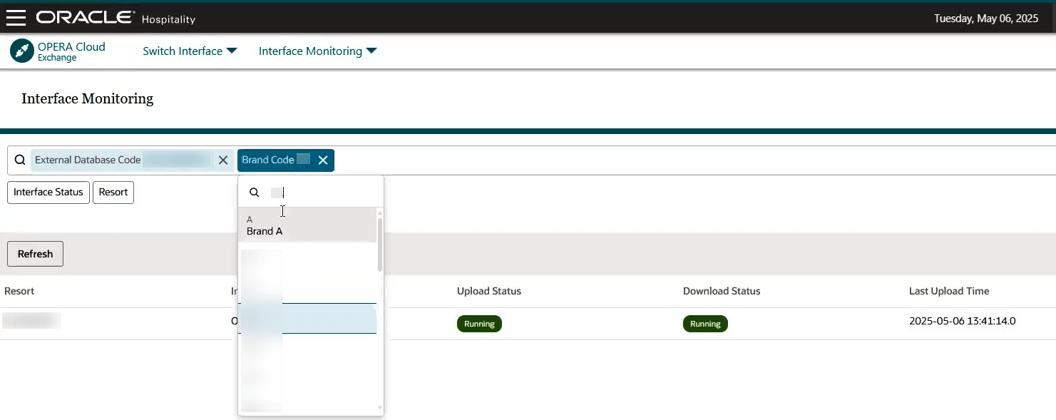 The Interface Monitoring screen showing the External Database Code and Brand Code chips. The Interface Monitoring screen showing the External Database Code and Brand Code chips.