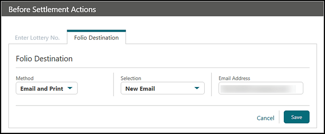 The Folio Destination tab showing Method, Selection, and Email Address fields.