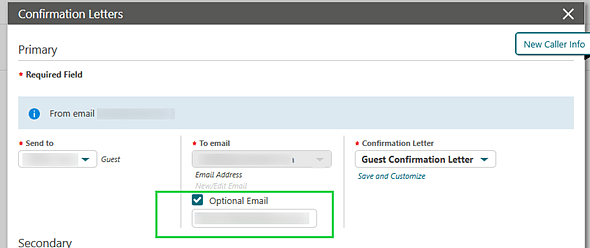 The Confirmation Letters screen showing the Optional Email checkbox and field.