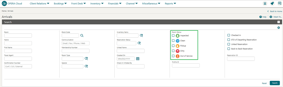 A sample Arrivals screen search area showing the Room Status search filter.