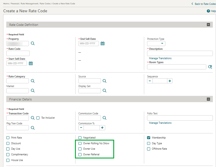 The Rate Code Financial Details panel showing Owner Rolling No Show, Owner Use, and Owner Referral check boxes.