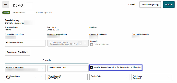The Distribution Channel Property provisioning screen showing the Hurdle Rates Evaluation for Restriction Publication control checkbox selected.