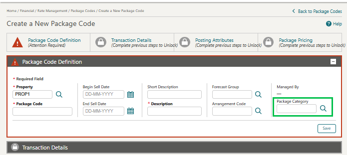 Package Code Definition screen showing the Package Category field.