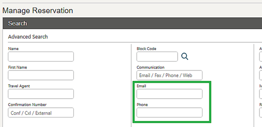 The Manage Reservation search screen showing the Email and Phone fields.