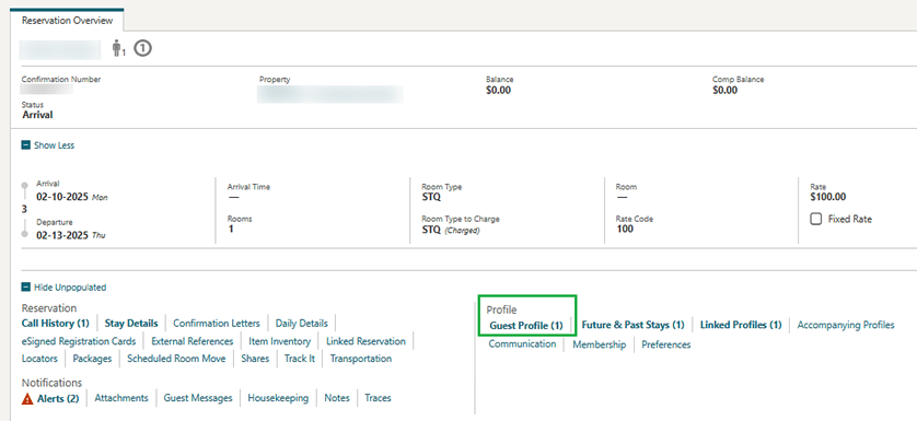 The Reservation Overview screen showing a Guest Profile link under the Profile section.