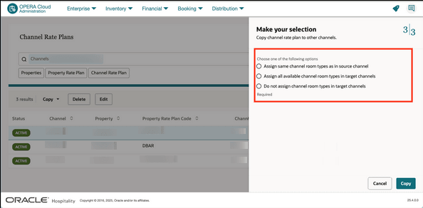 Channel Rate Plans screen showing the channel copy selection options.