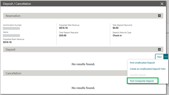 The Deposit/Cancellation screen showing the Actions link 'Post Composite Deposit'.