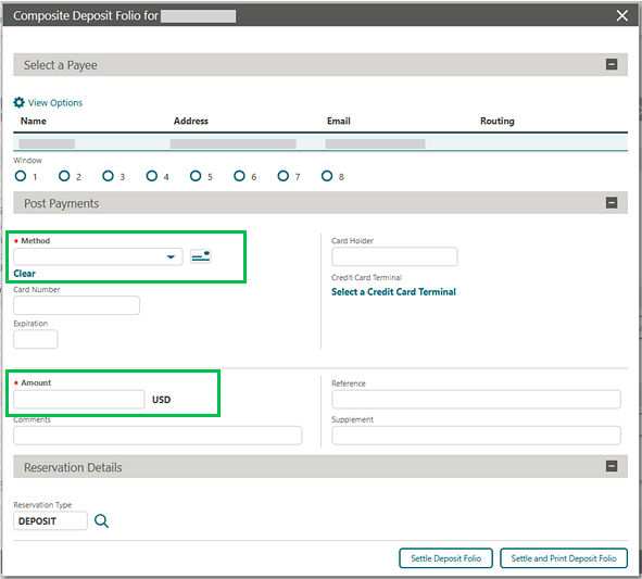 The Composite Deposit Folio screen with the mandatory fields Method and Amount.