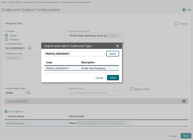 The Outbound System Configuration screen showing the Profile Residency outbound type.