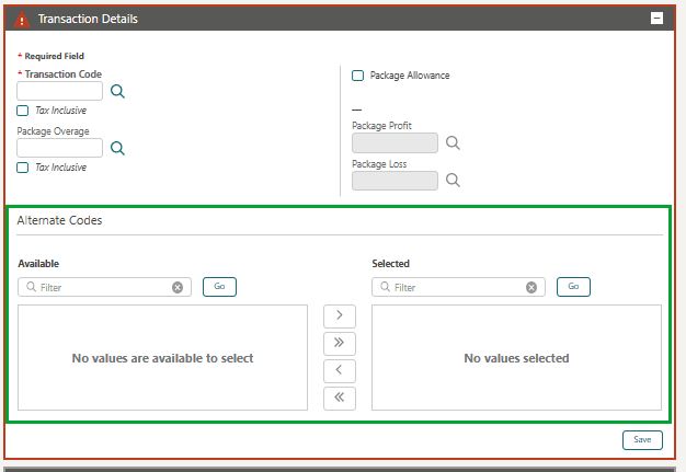 The Package Code Configuration Transaction Details section dual-panel for Available and Selected codes.