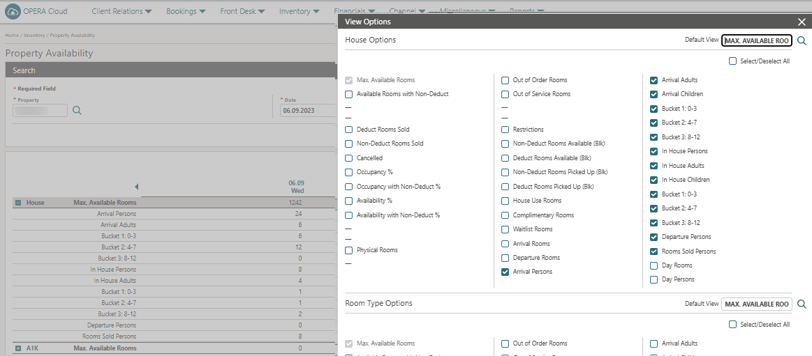 The Property Availability screen showing Arrival Persons and In House Persons.
