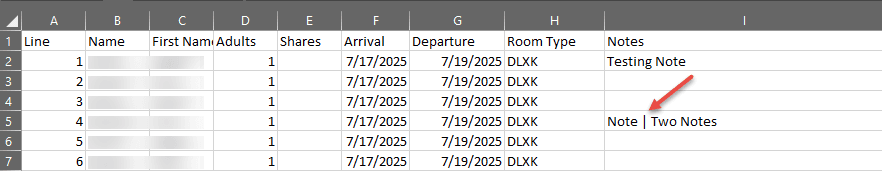 Sample Excel row showing a pipe | character between a Note and Two Notes in the Notes column.