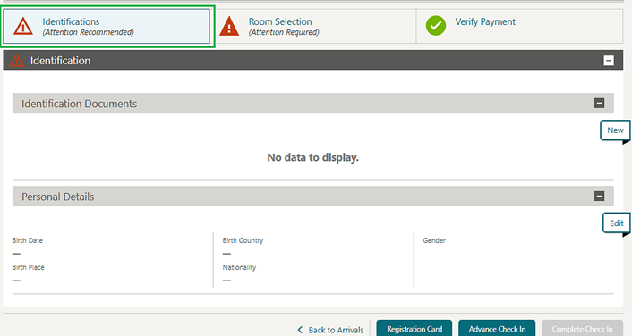 The reservation Identifications panel showing (Attention Recommended) visible notification.