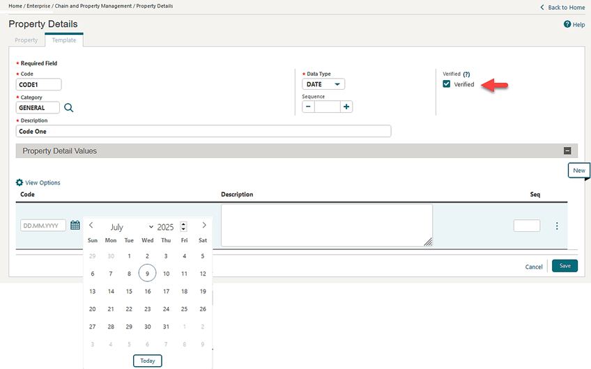The Property Details screen showing the Verified checkbox and the calendar within the Property Detail Values section.