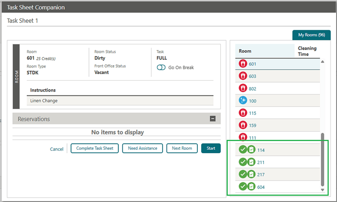 A task sheet showing the completed rooms with checkmarks at list bottom.