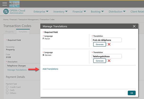 Manage Translations screen showing the Add Translations link.