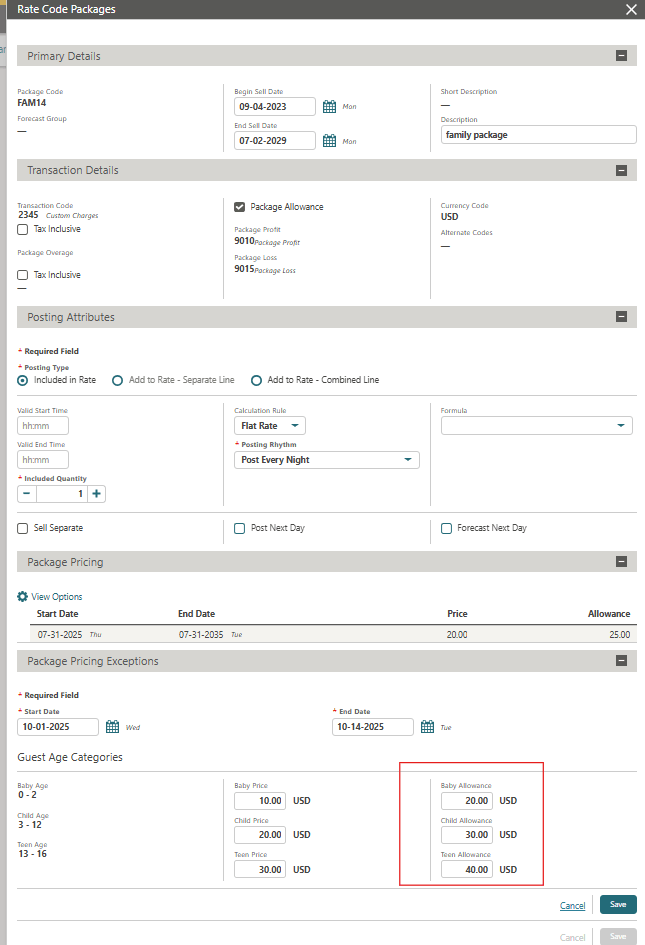 The package pricing exceptions by guest age on the Rate Code Packages screen.