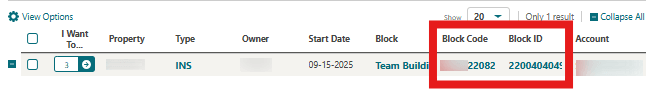 Table view showing Block Code and Block ID as hyperlinks.
