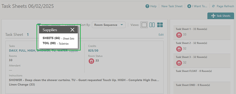 Task sheet showing a pop-up with a tally of sheet sets and toiletries supplies needed for the task sheet.