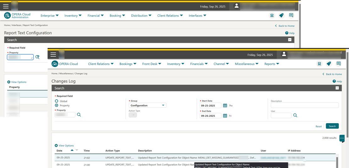 The Changes Log showing the Action Type and Description for updated report text configuration.
