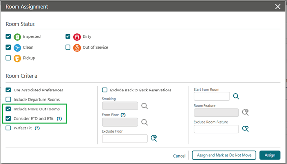 Room Assignment screen showing options Include Move Out Rooms and Consider ETD and ETA.