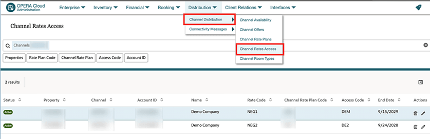 The Channel Rates Access screen showing the Distribution, Channel Distribution, Channel Rates Access menu path.