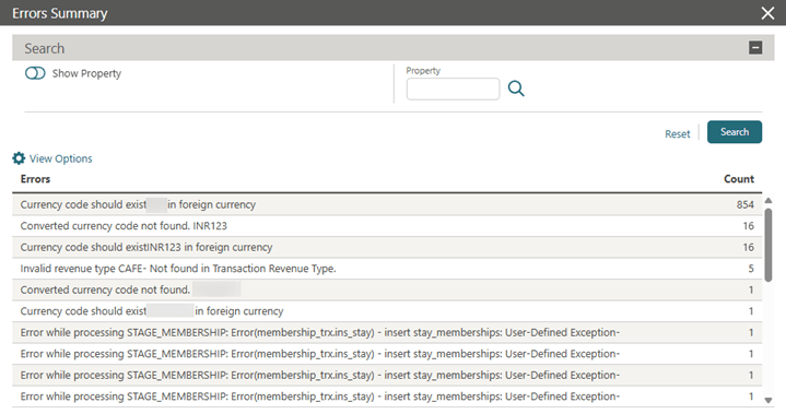 Errors Summary showing errors related to suspended stay.