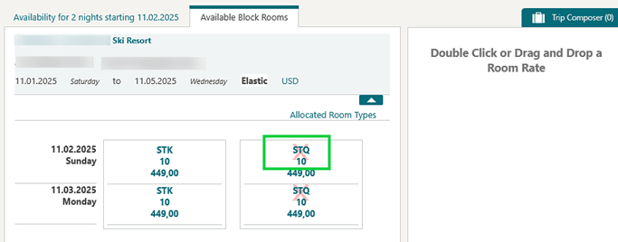 Available Block Rooms tab showing a block restriction indicator (red X) within the restricted room combination in the grid.