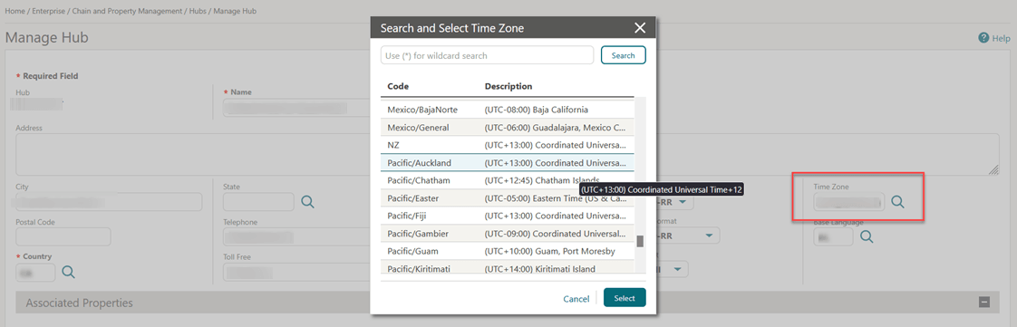 The Manage Hub screen showing all available time zones list.
