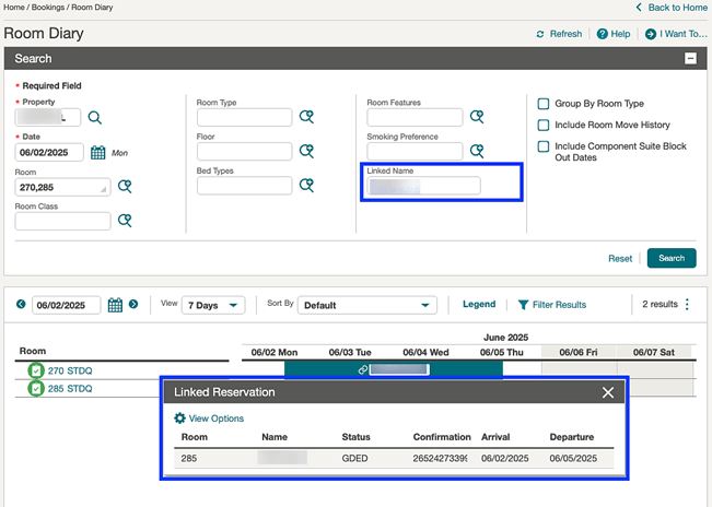 Room Diary Linked Name field and Linked Reservation pop-up screen.