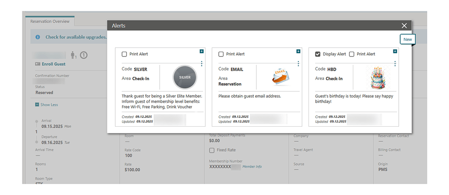 The Reservation Overview Alerts screen showing the following alerts with icons: Silver member, obtain an email, and Happy Birthday cake.
