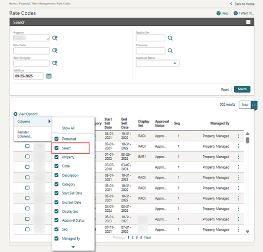 The Rate Codes search results Select view option.
