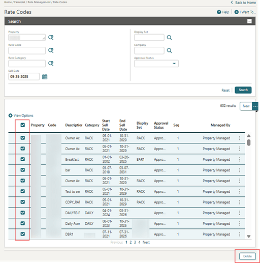 The Rate Codes search results showing all records selected.