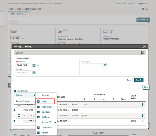 The Pricing Schedules search results Select view option.