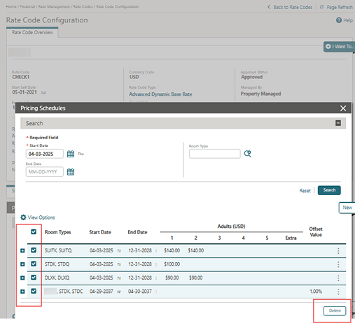 The Pricing Schedules search results showing all records selected.
