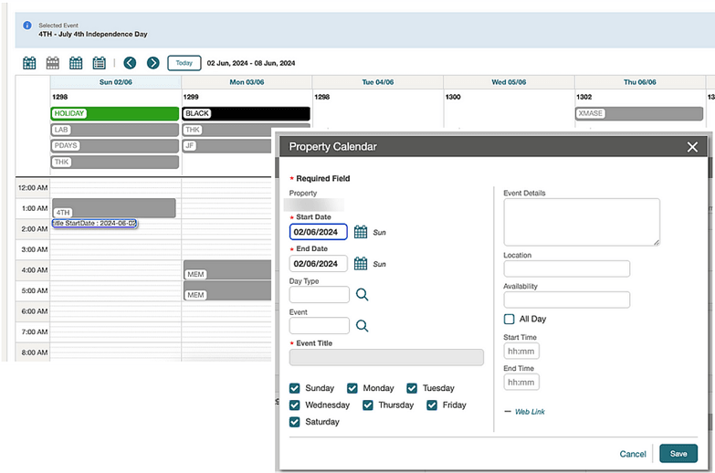 Property Calendar showing the Event Title, Event Details, Time, Link, Location, and Availability fields.