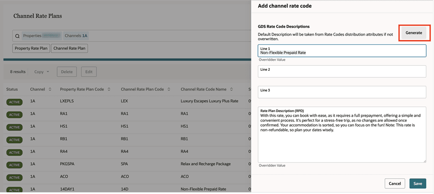 Channel Rate code description showing the Generate button.