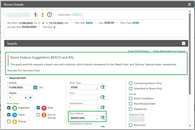 The AI search text suggestion and autopopulated room features BEACH and BAL