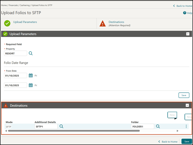 The Upload Folios to SFTP screen with the Destinations folder option.