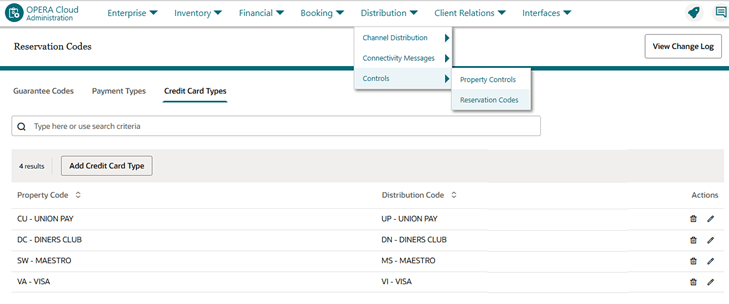 Credit card types mapped - property codes and distribution code.