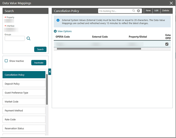 Data Value Mappings screen showing the Cancellation Policy mapping codes.