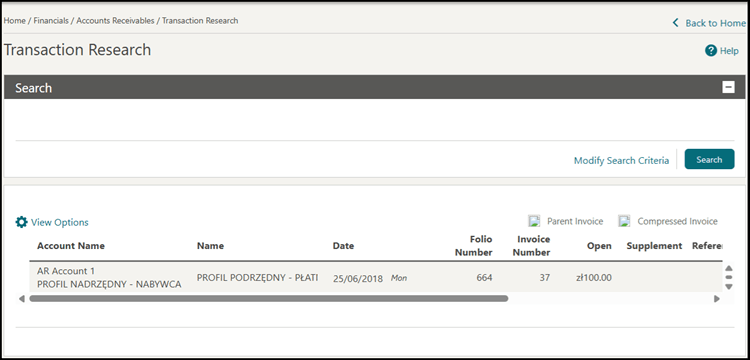 The AR Transaction Research screen showing the matching account invoice.