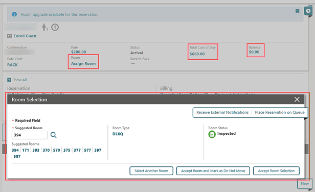 A reservation showing the Total Cost of Stay and Balance fields with Assign Room link Room Selection panel.