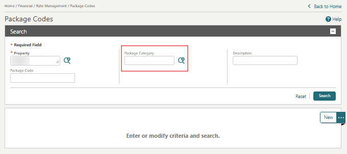 The Package Category list field on the Package Codes Search screen.