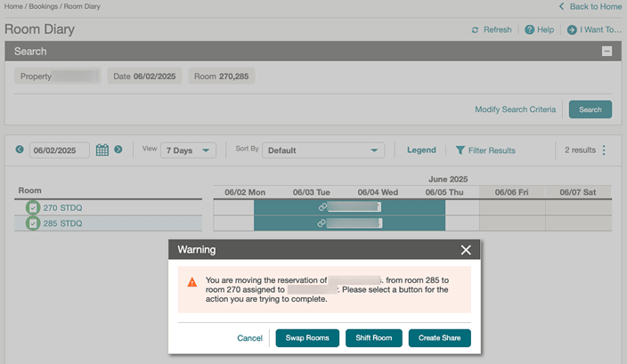 The Room Diary showing the options to Swap Rooms, Shift Room, Create Share.
