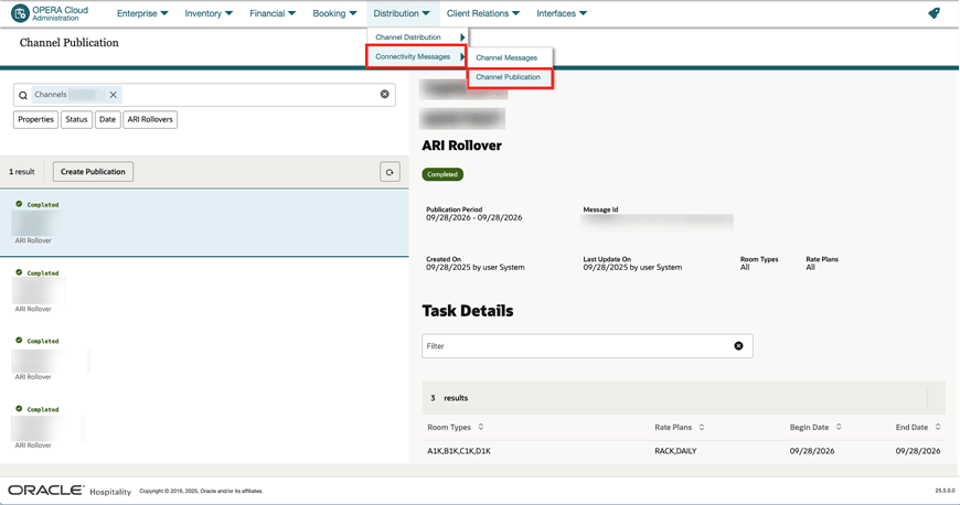 The Channel Publication screen showing a completed publication of an ARI Rollover.