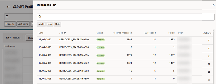 Reprocess log showing Completed status.