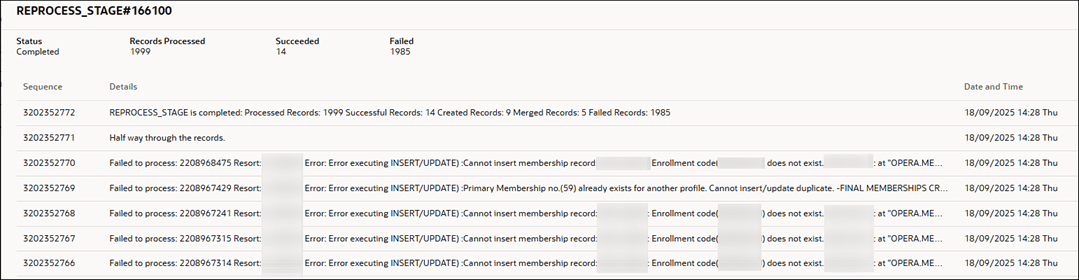 Reprocess Stage log showing error records.